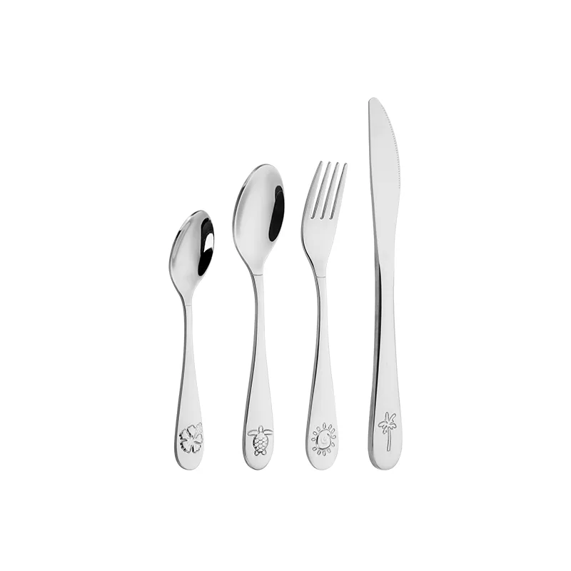 Stainless Steel Kids Cutlery Set, Engraved Tropical Pattern Children Tableware Spoon Fork Knife Set Mirror Polish 18/8 Stainless Steel