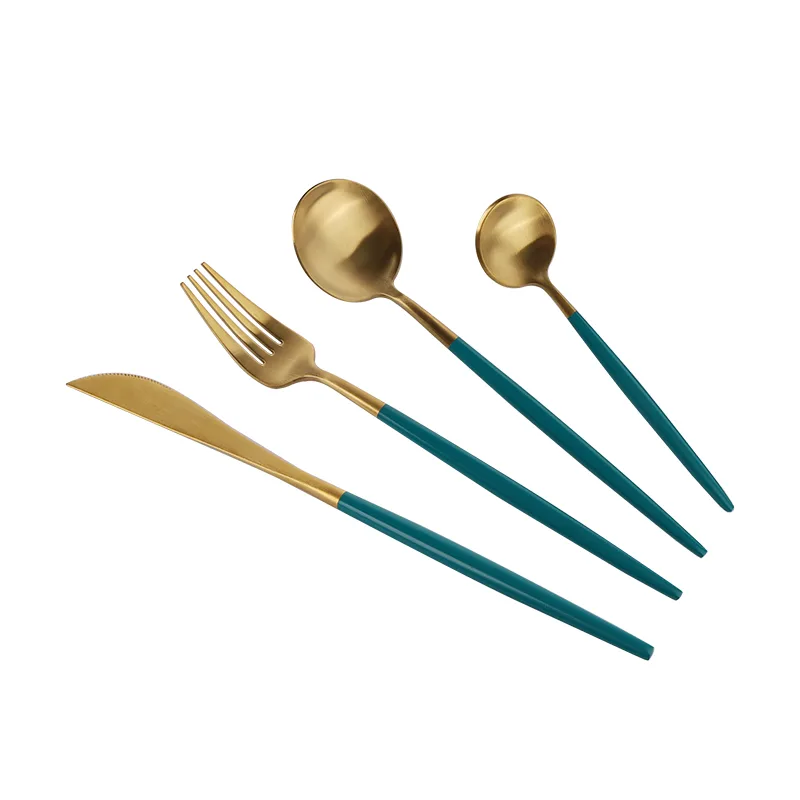 Green Handle Nordic Style 16pcs Flatware Set with Round Spoon Asia
