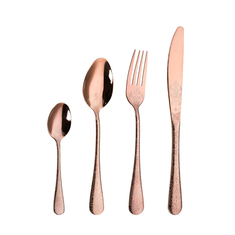 Rose Gold PVD Stainless Steel Cutlery 4‑Piece Set with Laser Etched Vintage Handle Pattern Gold PVD 13/0 Stainless Steel