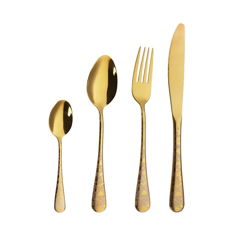 Gold PVD Stainless Steel Cutlery 4‑Piece Set With Laser Etched Handle Gold PVD 13/0 Stainless Steel