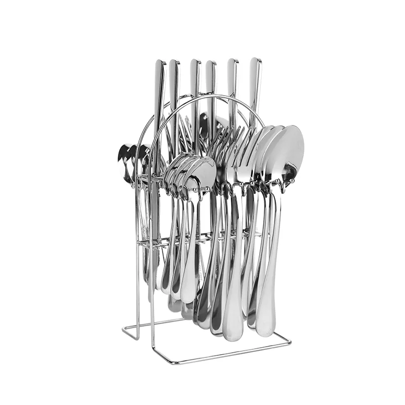 Classic 24pcs Stainless Steel Silver Cutlery Set with Metal Rack Mirror Polish 13/0 Stainless Steel